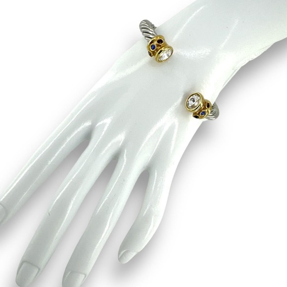 Retro Silver Rope Style Cuff Bracelet with Gold Bar on each end with rhinestones - Picture 4 of 7